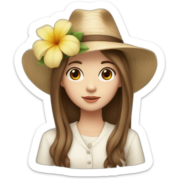 white skin, Girl with a flower in her hand, with a hat, shoulder-length brown straight hair sticker