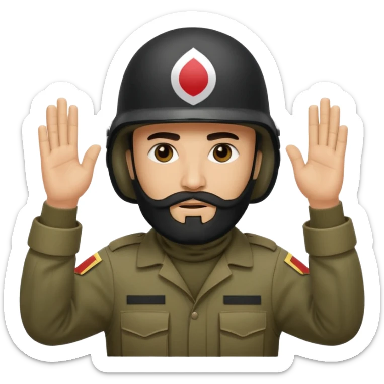 surrenders, depicts an Iraqi soldier from 1980, with a beard, in a helmet, a helmet "WITHOUT" insignia, with a balaclava, with sad eyes and both hands raised up sticker