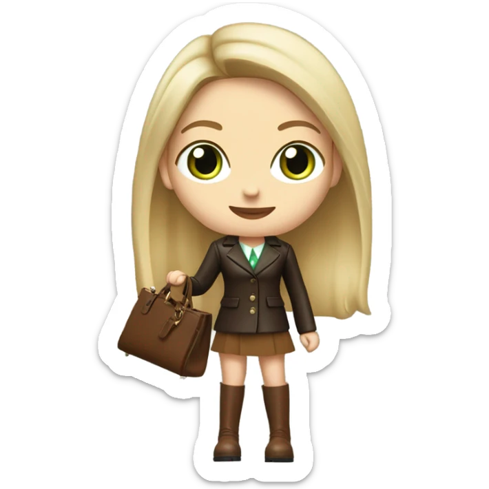 Realistic White woman with Long straight blonde hair and green eyes, dark Brown oversize leather blazer, mini skirt and Brown heeled leather boots, holding handbag sticker