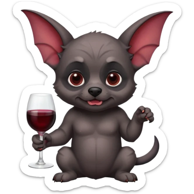 Ein kleiner, stämmiger Welpe mit kurzem, faltigem Gesicht und sehr großen, seitlich abstehenden „Fledermausohren“. Er hat kurzes dunkelgrau-schwarzes Fell mit hellbraunen Abzeichen über den Augen, an Wangen und Beinen sowie etwas hellerem Kinn, with red wine glass sticker