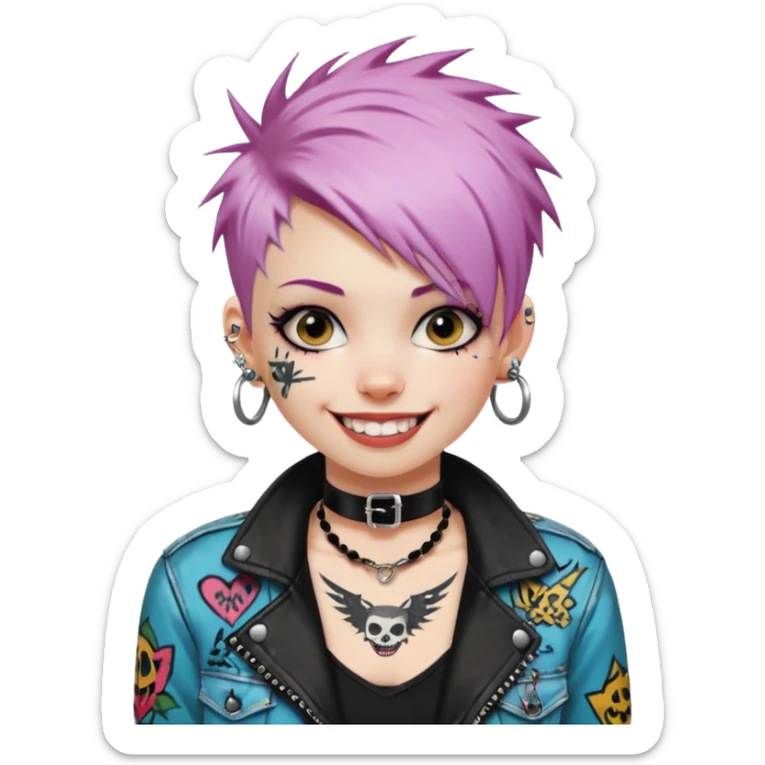 a punk girl with short dyed hair and wear a punk graffiti jacket with black choker grin playfully  sticker