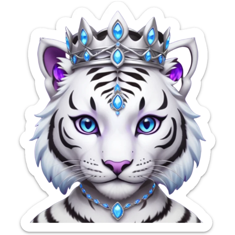 ESO Female white/black tiger khajiit leader of the umbral rose, glowing blue eyes, glowing blue 'third eye' gem; purple gem silver tiara sticker