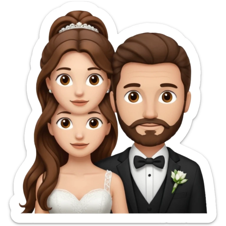 wedding couple woman with long straight brown hair and eyes man with long brown curly hair in pony tail and facial hair sticker