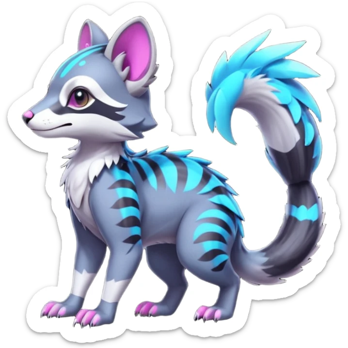 Colorful neon futuristic cyber tropical exotic cute cool beautiful shiny beautiful fantasy-civet-genet-sergal-vernid-Gryphon-Cacomistle-Trico-oncilla-animal-Fakémon-hybrid-fursona (full body) sticker