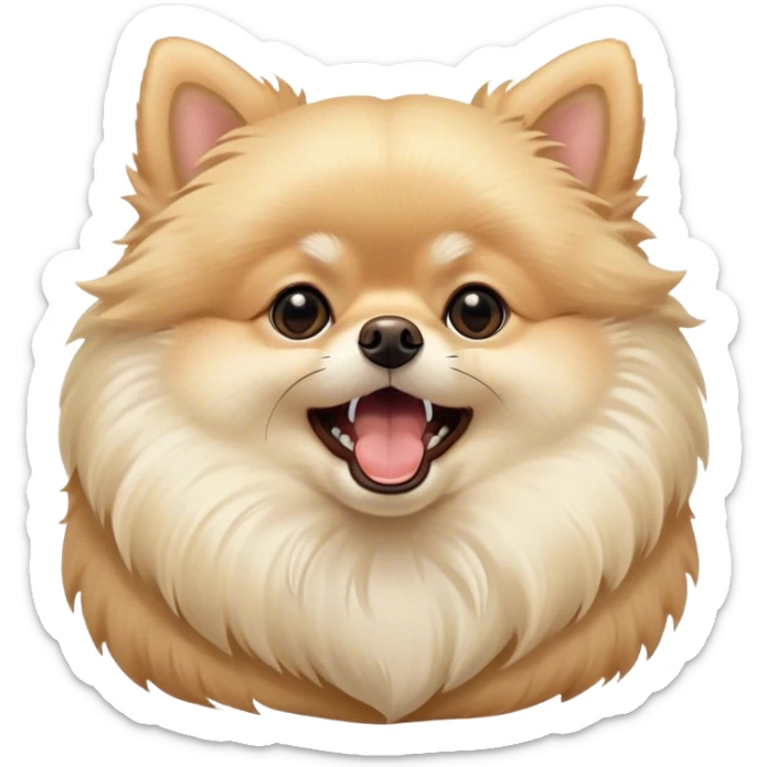 Cinematic Cute Yawning Cream Pomeranian Portrait Emoji, Head tilted slightly with a dramatic, wide-open yawn, showcasing a soft, fluffy cream Fur with gentle highlights, floppy ears slightly drooping, round dark eyes barely open in drowsy contentment, Simplified yet irresistibly adorable features, highly detailed, glowing with a soft, cozy glow, high shine, relaxed yet expressive, stylized with a touch of whimsy, bright and endearing, soft glowing outline, capturing the essence of a sleepy yet affectionate companion, so drowsy it feels like it could stretch right out of the screen and curl up for a nap! sticker
