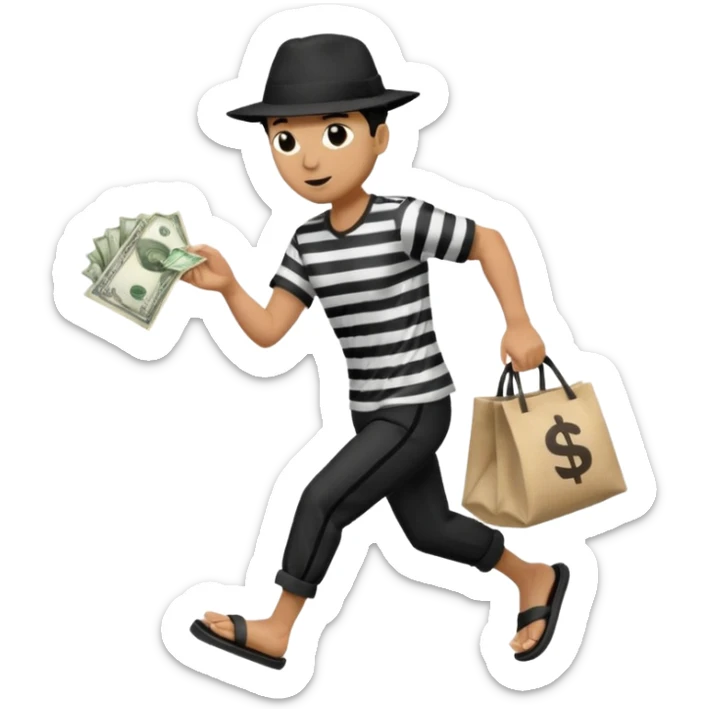 Make a man wear a black pant and he shirt is balck line and white line and wear a black hat and he holding a money bag and he running he wear a black eye thing no money in the Left hand and he yellow and the money bag in the right he wear a flip flop like this is Money bag 💰 NO MONEY sticker