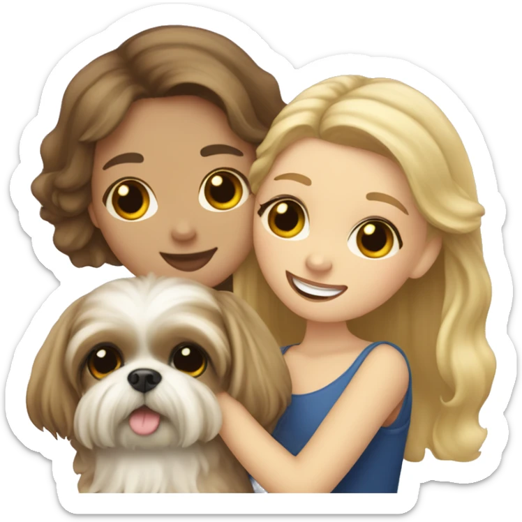 human girl with long wavy brunette hair hugging a blonde colored shih tzu girl with bow sticker