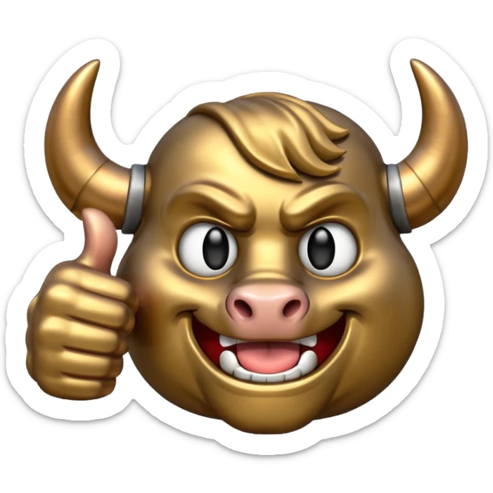 Emoji is an iron golden horseshoe with an angry powerful bull in the middle showing a thumbs up (Likes) sticker