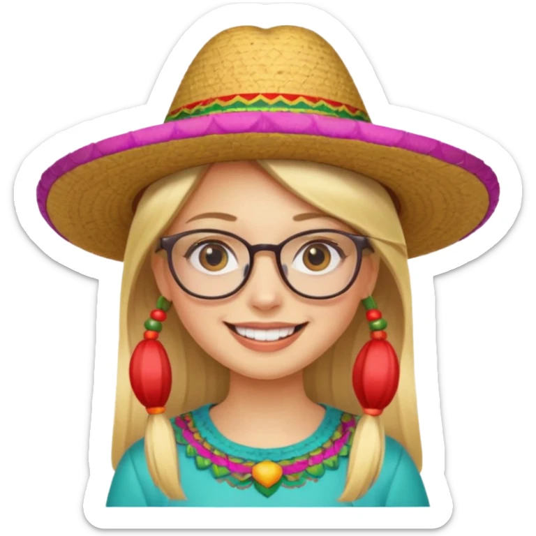 blonde girl with straight hair and glasses with a Mexican hat  sticker