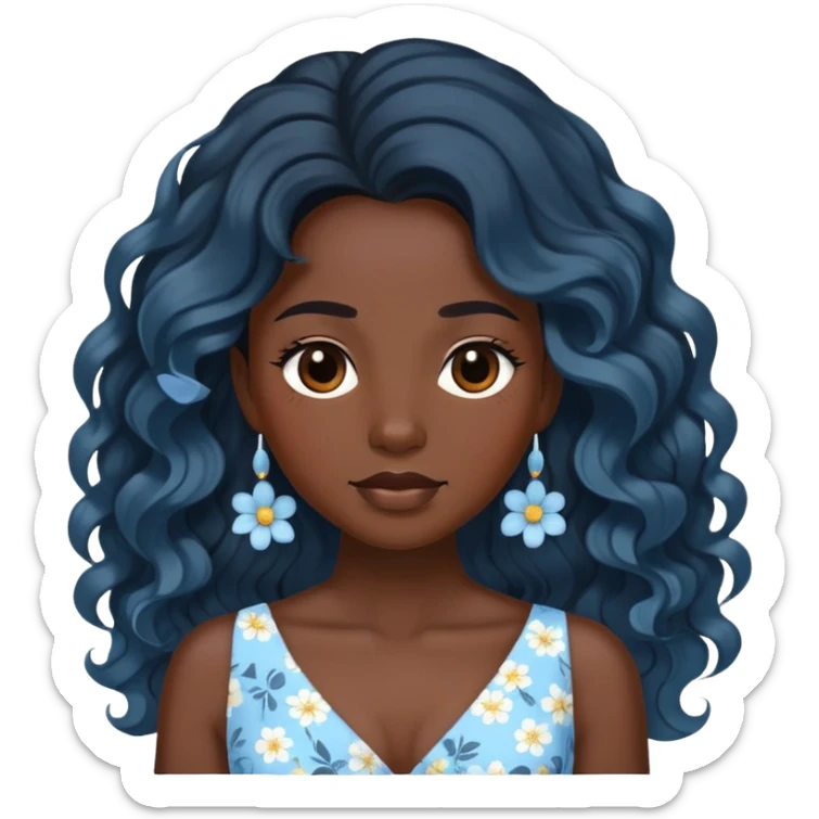 Black skin lady with black wavy long hair with a light blue flowered dress sticker