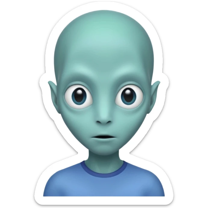 Portrait of an alien with smooth greenish-blue skin, large black oval eyes, small nose, and no visible ears, elongated head, front-facing, wearing t-shirt, soft glow, simple futuristic design sticker