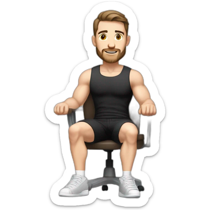 Pale skinned Fit Man With the biceps and dark brown hair in black shirt, gray sports shorts and white Sneakers Sitting on a chair sticker