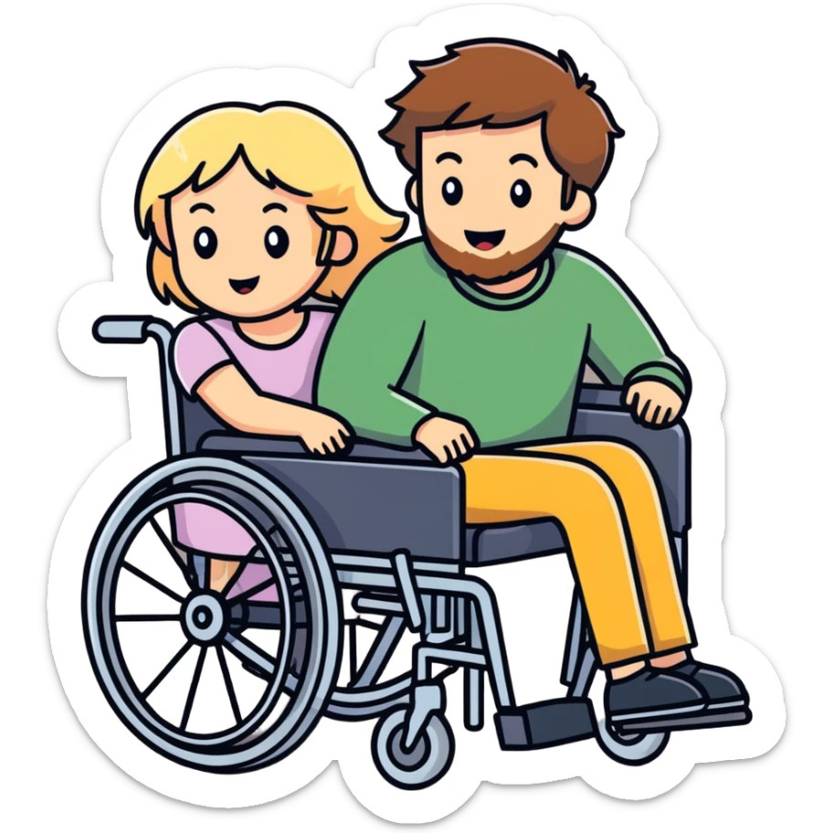 Brown haired bearded son in a wheelchair with blonde haired women pushing sticker