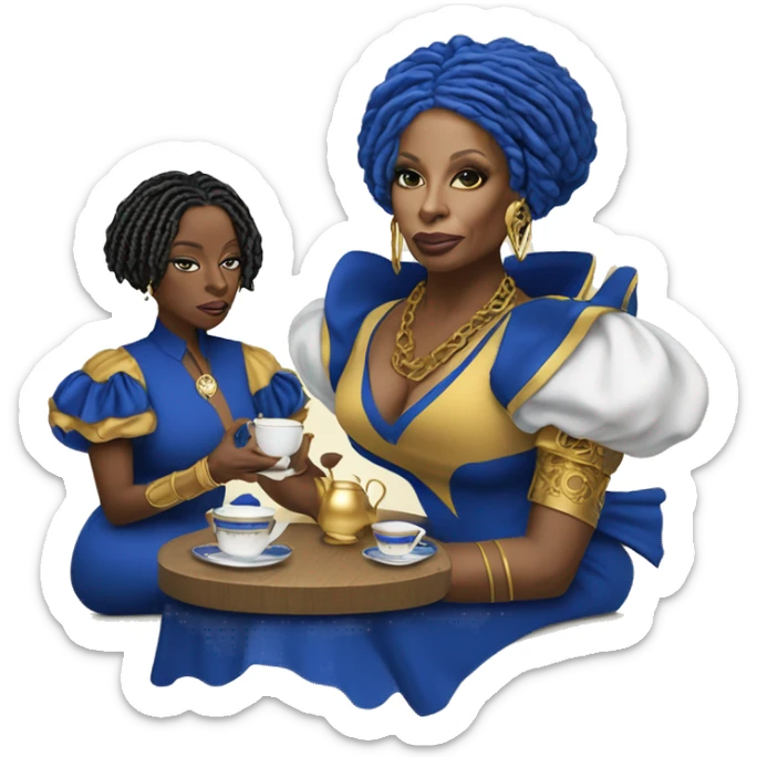 Attitude drinking tea Mary j blige with blue and gold locs wearing a royal blue and gold dress  sticker