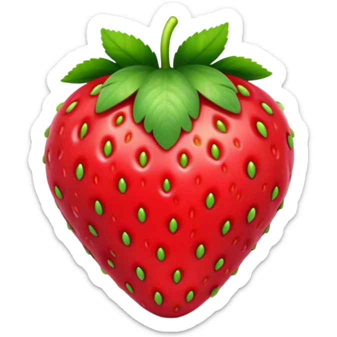 Cinematic Realistic Strawberry Emoji, Plump and juicy, with a deep red color and small, fresh seeds dotted across the skin. Its glossy, sweet surface catches the light, while bright green leaves top off the perfect, delicious berry. Soft glowing outline, capturing the essence of sweetness and freshness in a bright strawberry! sticker