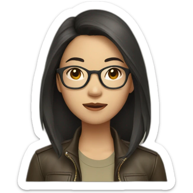 asian girl with glasses and a leather jacket with a  khaki shirt and long dark hair sticker
