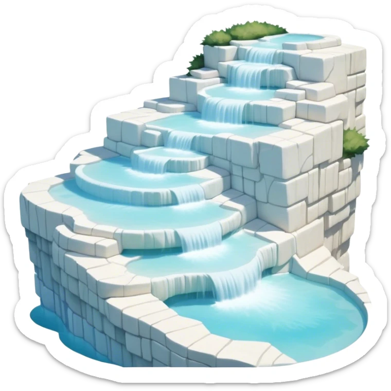 Cinematic Realistic Pamukkale Landmark Emoji, showcasing surreal cascading terraces of thermal waters rendered with ethereal textures and soft, luminous lighting. sticker