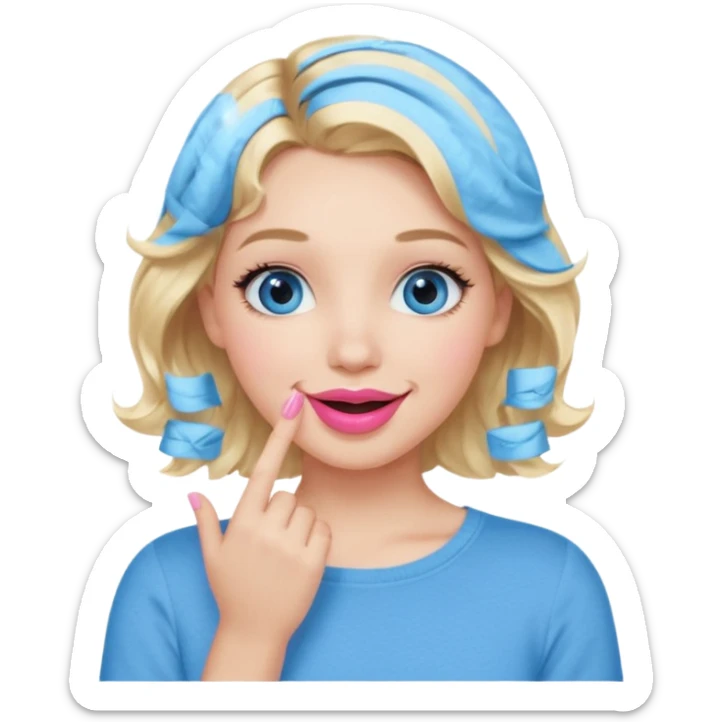 Girl Blonde short wavy hair,  blue eyes, cute blue top, long lashes, pink lips, smiling, hand over the mouth sticker