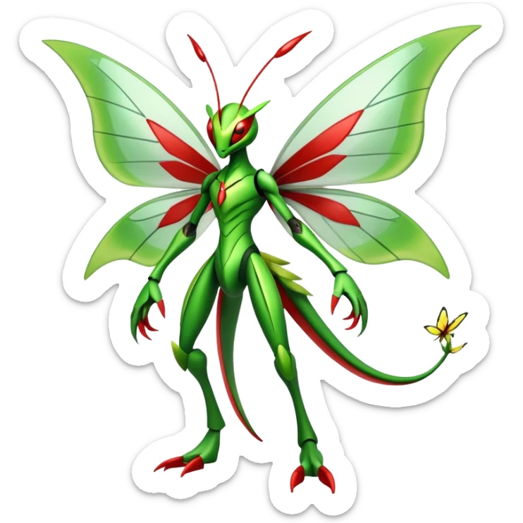  Cool Edgy Shiny Futuristic Ethereal Legendary Scizor-Kartana-Digimon-Schyther-Flygon-hybrid full body with butterfly wings sticker