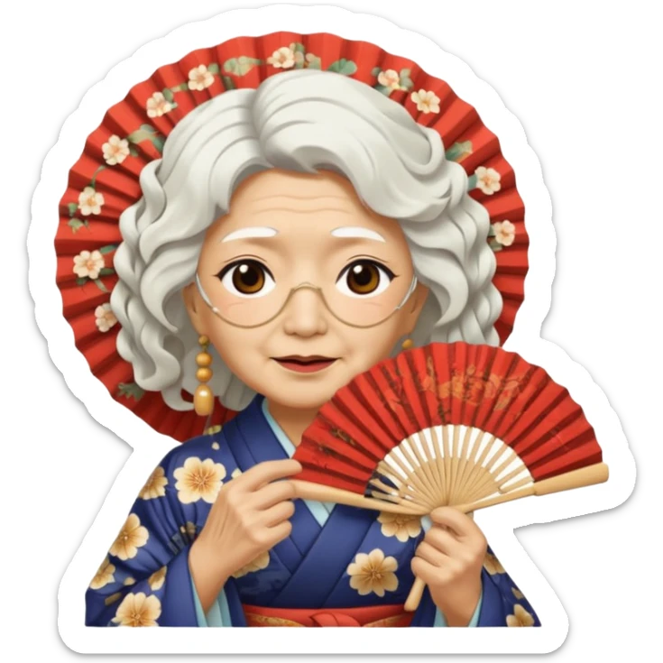 japanese culture old woman with white wavy hair and wrinkles holds a fan to cover her face sticker