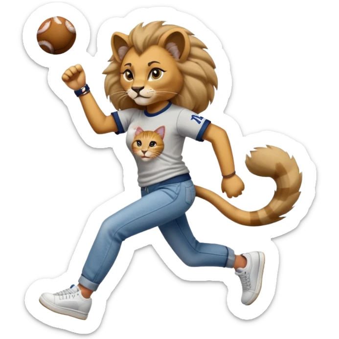 friendly anthropomorphised female lion in a baseball shirt, jeans, and trainers helping a hip-hop, RUN DMC-inspired female cat up after falling down sticker