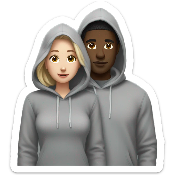Black man and white girl couple in grey hoodies with hoods  sticker