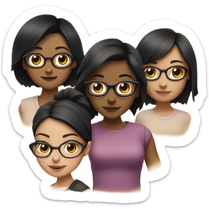 A group of 5 girls consisting of 3 girls with medium-length black hair including one wearing glasses and two dark brown-haired  sticker