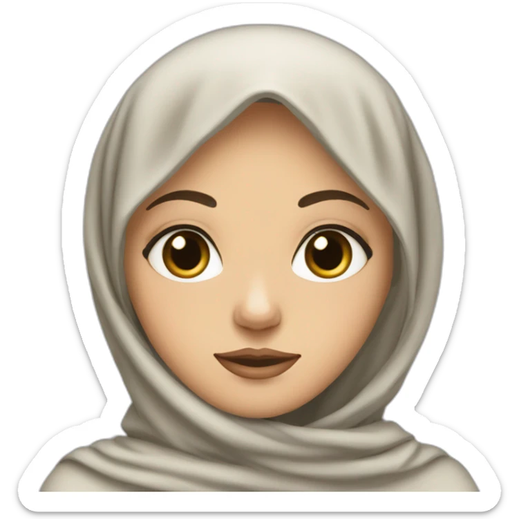 A mixed-race white woman wearing hijab with big black eyes and a lock of curly hair sticking out of her hijab. sticker