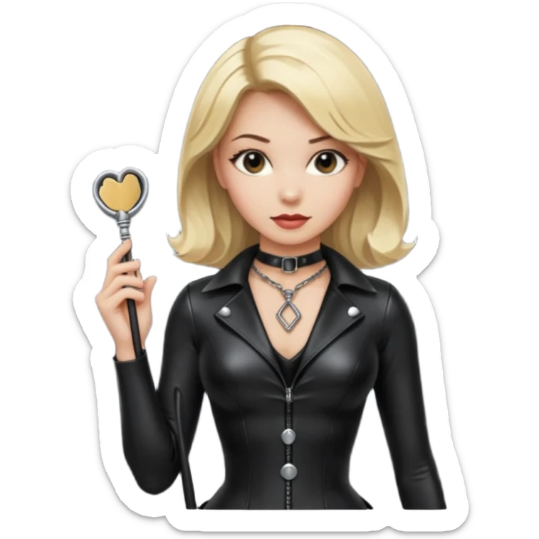 Dominatrix with blonde hair, latex outfit, old fashioned key necklace, and a whip sticker