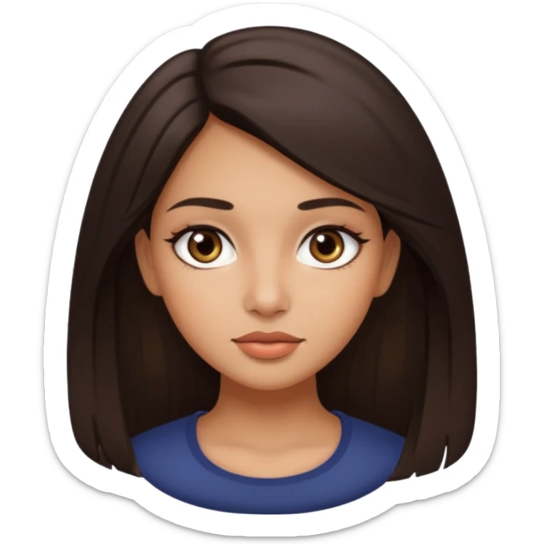 She's with long dark brown hair on her teenager years and her eyes are brown with not very  long natural lushes  her skin is not whit eits medium ( olive) and her faces shape is oval and a little bit circle her lips  awesome but not big lips she has a make up but clean natural looking  make up  sticker