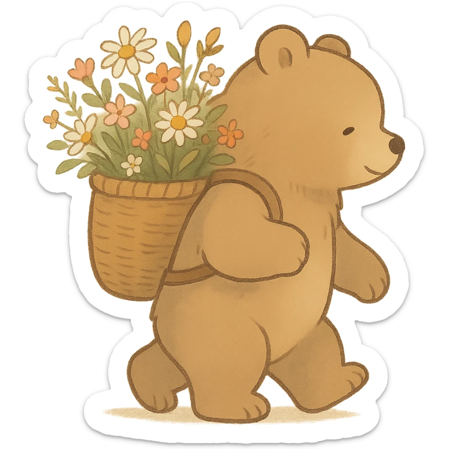 bear carrying a basket of wildflowers, soft pastel brown and cream, ghibli style sticker