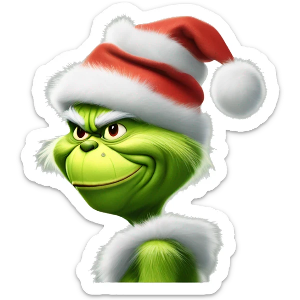 The grinch wearing santa hat pushing up the back of hat with his hand sticker