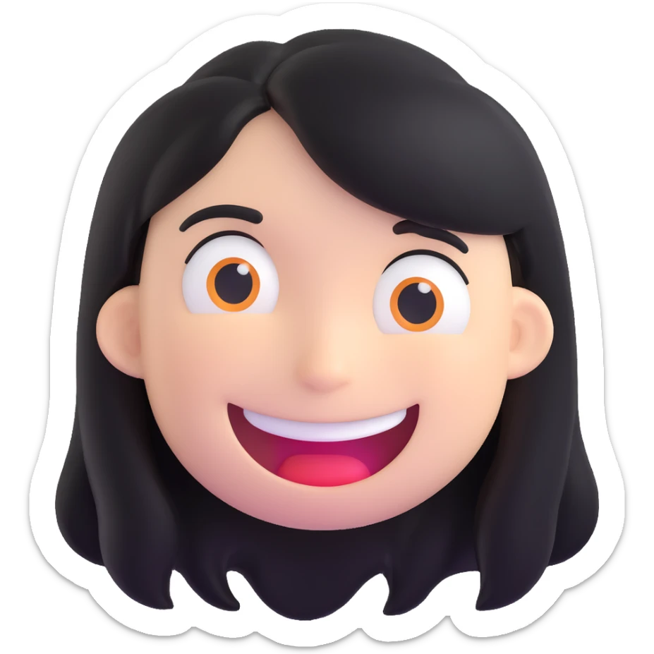 horror-themed white emoji, long black hair, unnerving wide grin, inspired by internet urban legends sticker