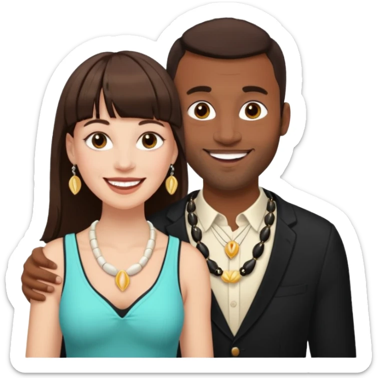 white woman with dark brown hair and bangs marrying a light skin black man with a shell necklace and septum piercing  sticker