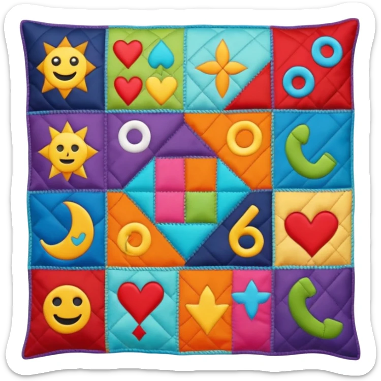 A chaotic patchwork quilt emoji with mismatched symbols and icons, evoking a deliberately absurd and brain-melting feel, grotesque and nonsensical sticker