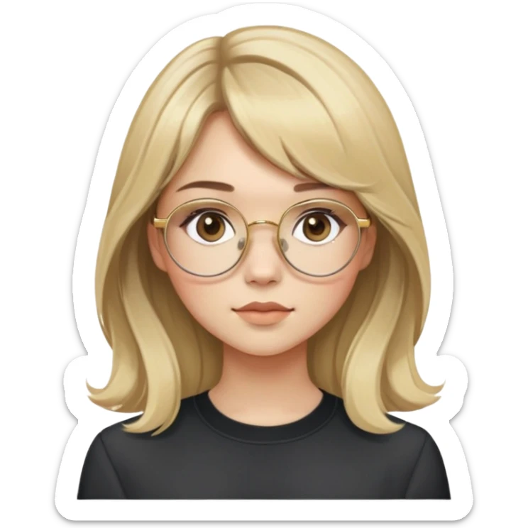 young adult woman with light skin, soft cheeks and round face, voluminous blonde-brown hair with slight waves and long bangs, large octagonal glasses with thin gold frame, dark casual shirt, calm and creative expression sticker