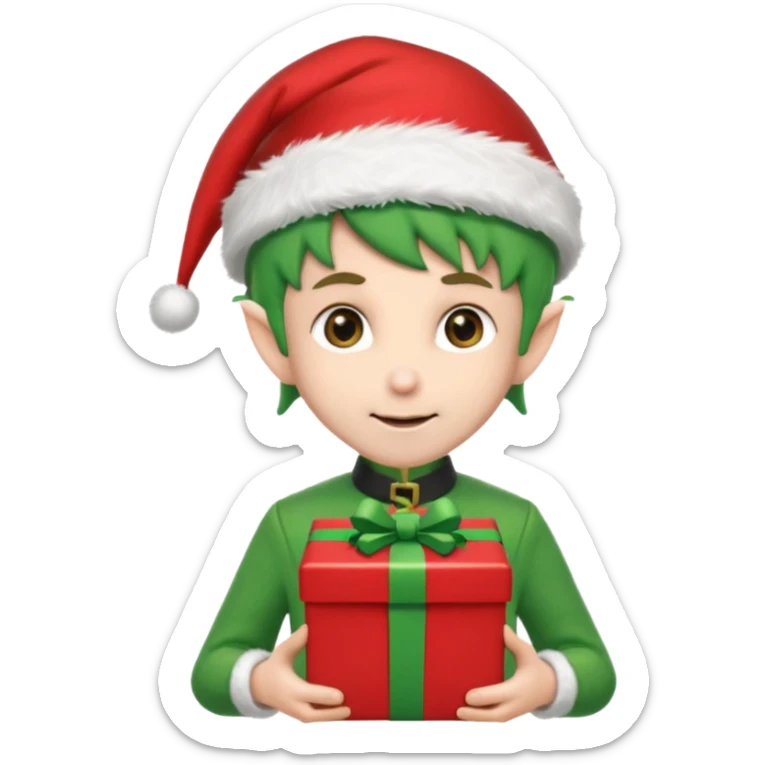 elf wearing a santa hat holidng a xmas present make his unfiorm green adn red sticker