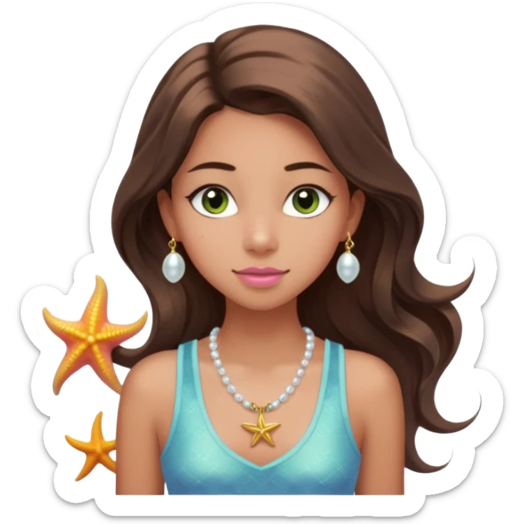 Create a teen girl wearing a light blue tank top. She will have long brunette hair, tan skin, pink lips, and grey-green eyes. She has long eyelashes. She also has light freckles and is wearing a gold charm necklace that has an n on it, a pearl, a sun, a starfish, a mermaid tail, and seashell sticker
