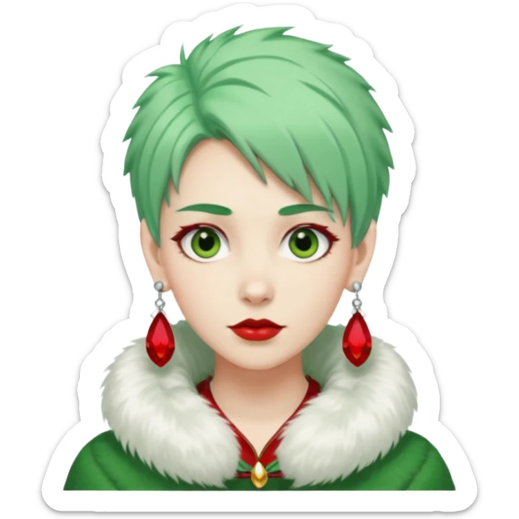 white furred unicorn with green hair and big red earrings looking into camera sticker