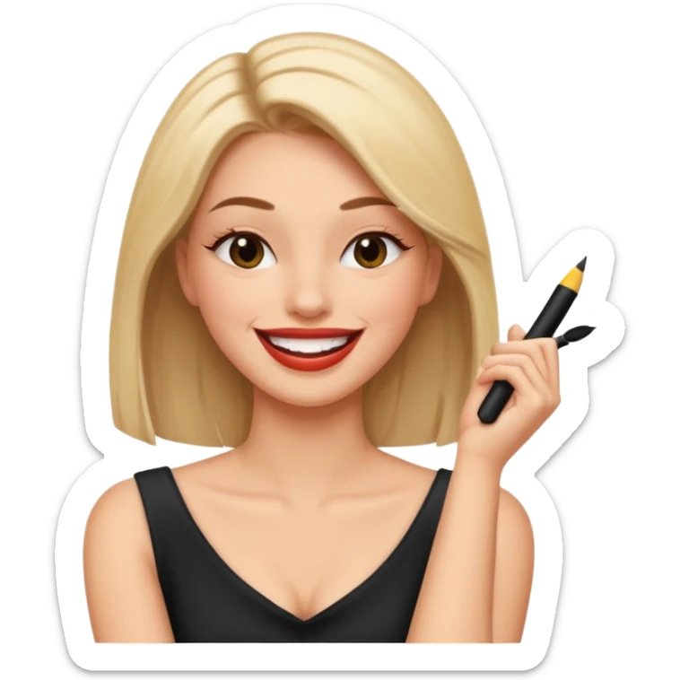 A pretty woman with straight hair and mascara and lipliner laughing with arms crossed holding neck laughing  sticker