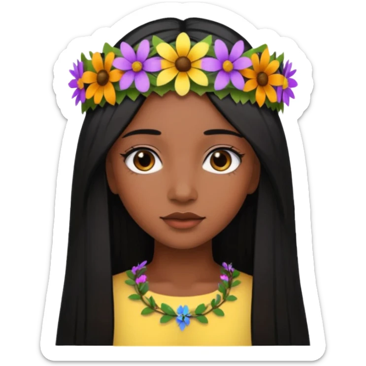 ["Deep brown skin female, long straight black hair, wearing a multicolored wildflower crown."] sticker