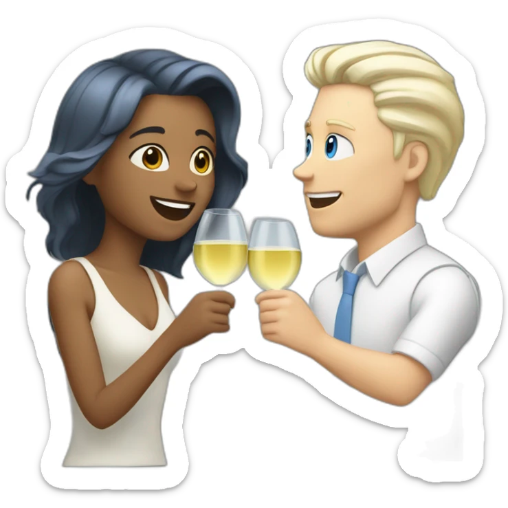 A white woman with brown eyes and blond hair and a white man with blue eyes and grey hair, they toast to each other with a glass of white wine. sticker