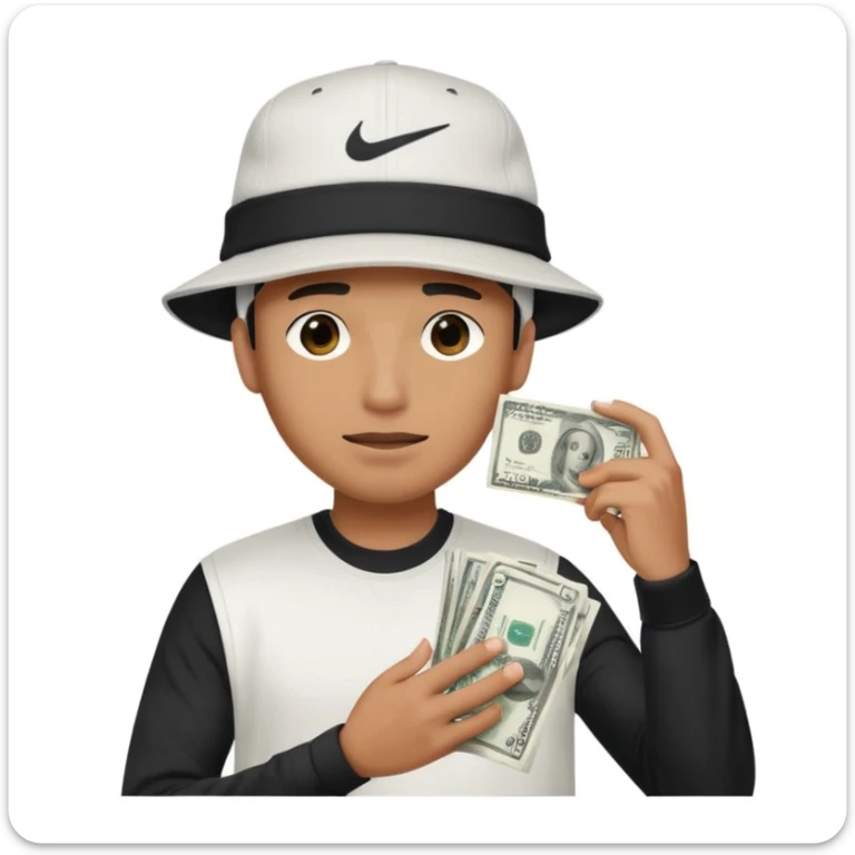 Man with money in his hand covering his face wearing a white and black hat and a Nike tech  sticker