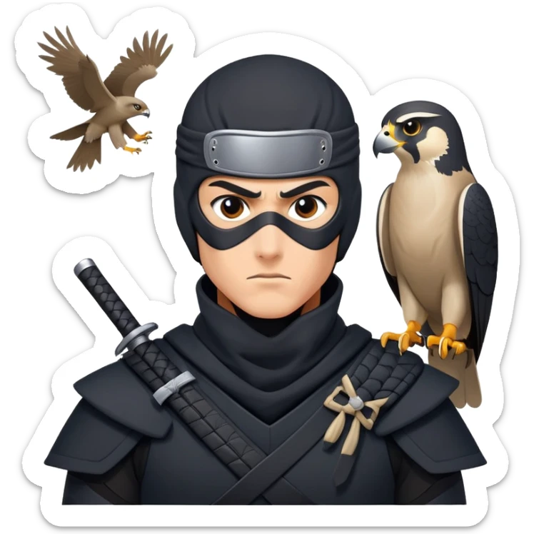 clash-of-clans-aesthetic_-cinematic-mysterious-male-ninja-portrait-emoji, rendered in a flat, vector-style with minimal shading and bold, simplified shapes, with a head slightly turned revealing intense, focused eyes. the ninja has his arm out and perched on top of it is  a peregrin falcon  sticker