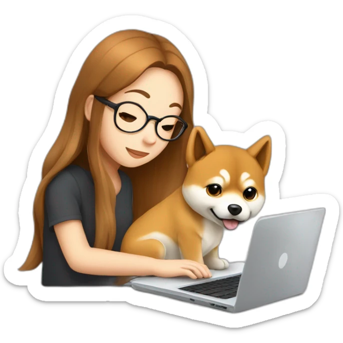 25 yo femake student with brown long hair typing on laptop with a shiba puppy next to her sticker