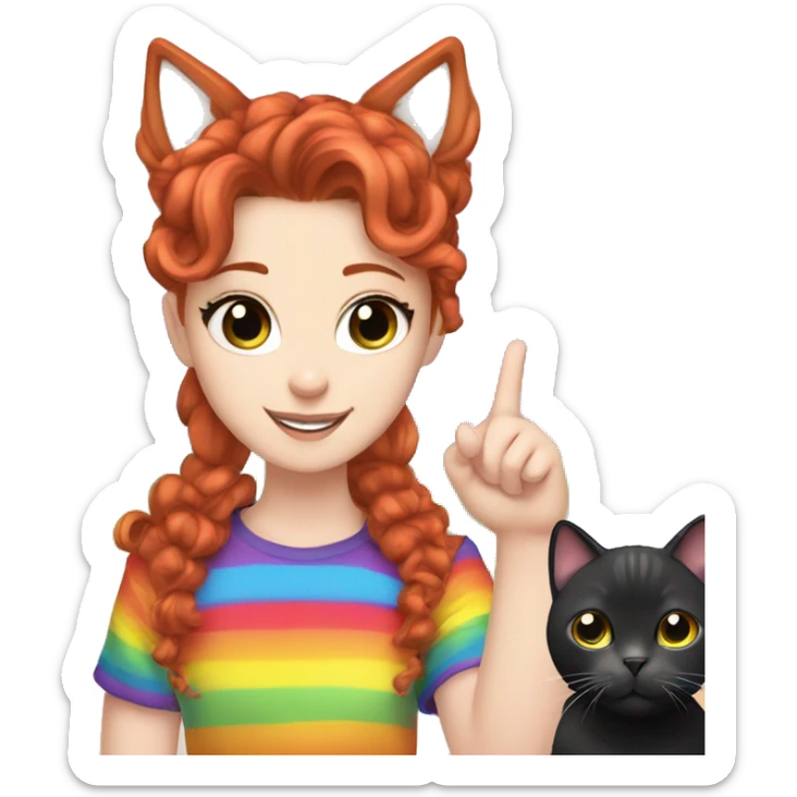 a white girl with long red curly hair in a pony tail with rainbow shirt does peace sign wearing cat ears one black other white sticker