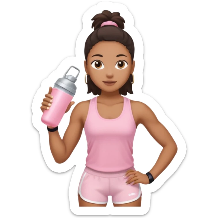 Mixed-race athletic woman with bronzed skin, wearing baby pink tank top and white shorts, holding a protein shaker sticker
