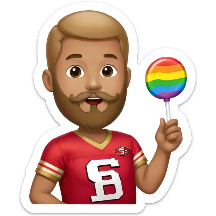 Gay pride 49ers fan licking rainbow lollipop and holding rainbow flag sticker