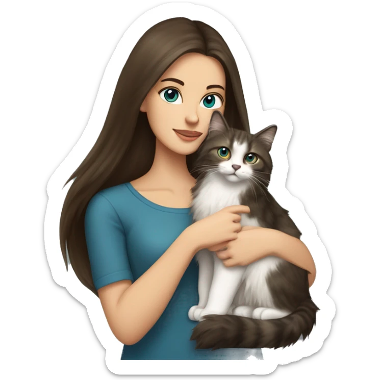 long straight haired blue eyed brunette woman holding norwegian forest cat with amber eyes sticker