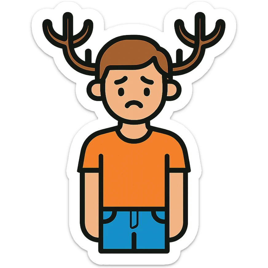 A casual guy with deer antlers, wearing a t-shirt and jeans, with a sad or thoughtful facial expression, neutral background, no snow sticker